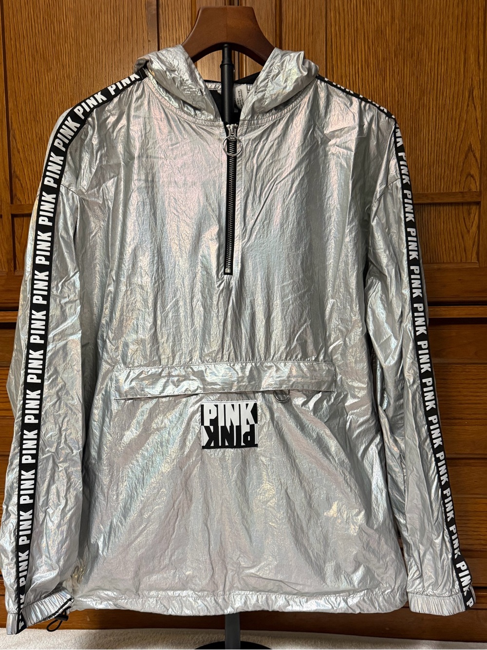 Victoria's Secret PINK Silver Metallic Iridescent Anorak Hooded Windbreaker Y2K